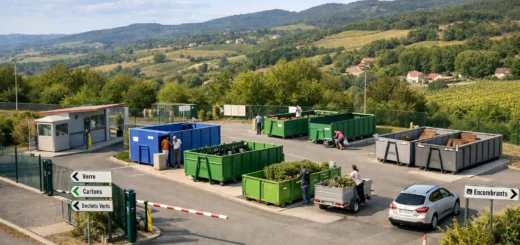 Déchetterie de Pélussin avec bennes de tri, usagers déposant des déchets et paysage vallonné.