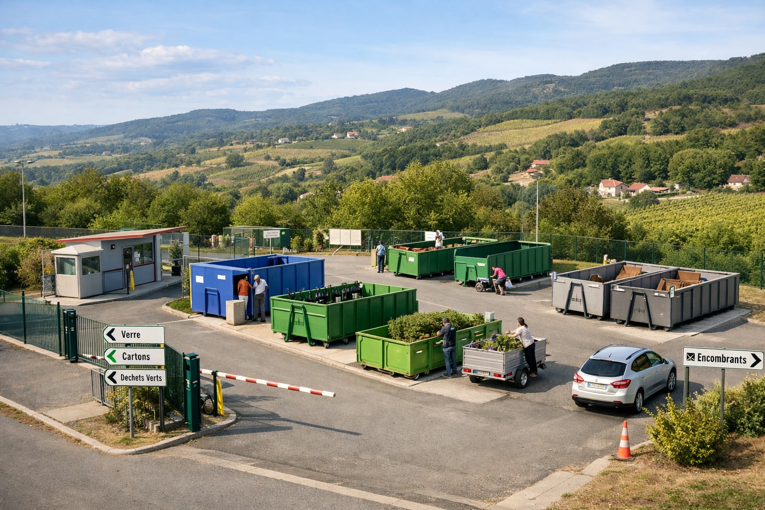 Déchetterie de Pélussin avec bennes de tri, usagers déposant des déchets et paysage vallonné.