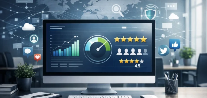 Bureau moderne d’agence digitale avec écran affichant graphiques, avis clients et icônes réseaux sociaux.