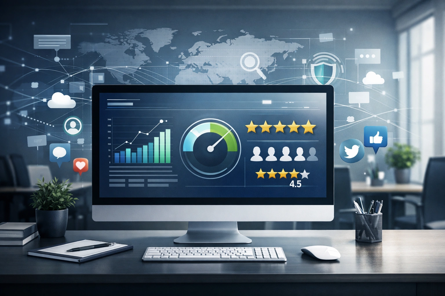 Bureau moderne d’agence digitale avec écran affichant graphiques, avis clients et icônes réseaux sociaux.