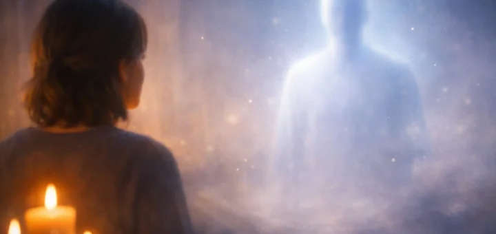 Silhouette lumineuse d’un esprit apparaissant face à une personne méditative, dans une atmosphère douce et mystique.