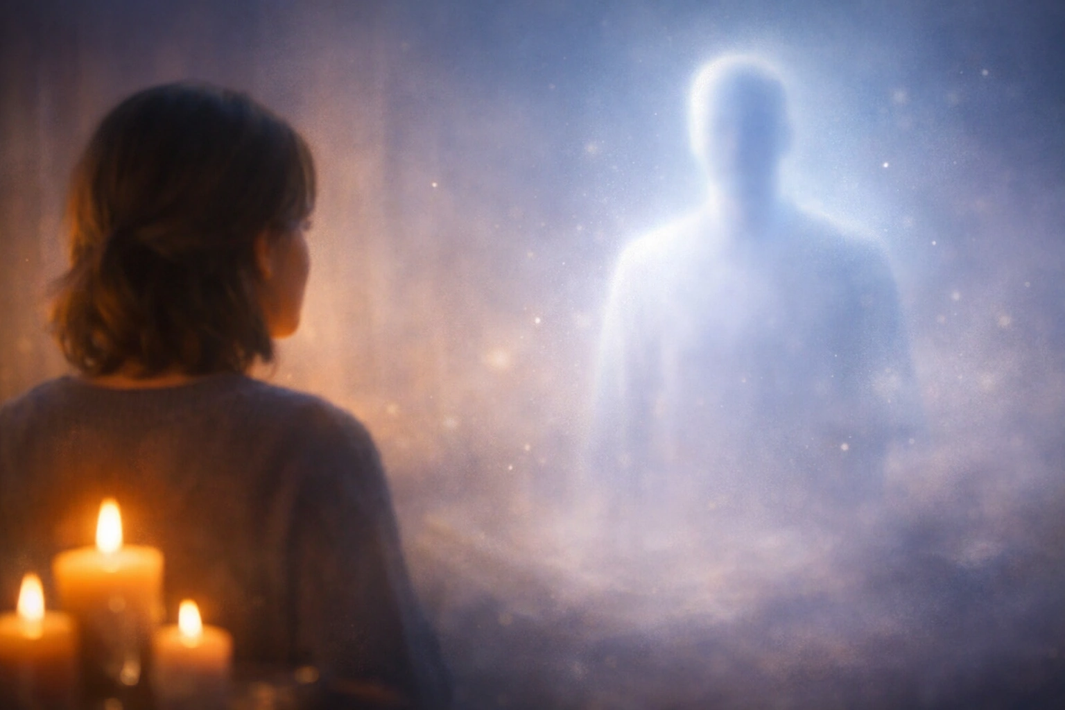 Silhouette lumineuse d’un esprit apparaissant face à une personne méditative, dans une atmosphère douce et mystique.