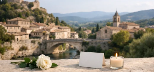 Rose blanche, bougie et carte sur pierre, vue paisible de Vaison-la-Romaine en arrière-plan.