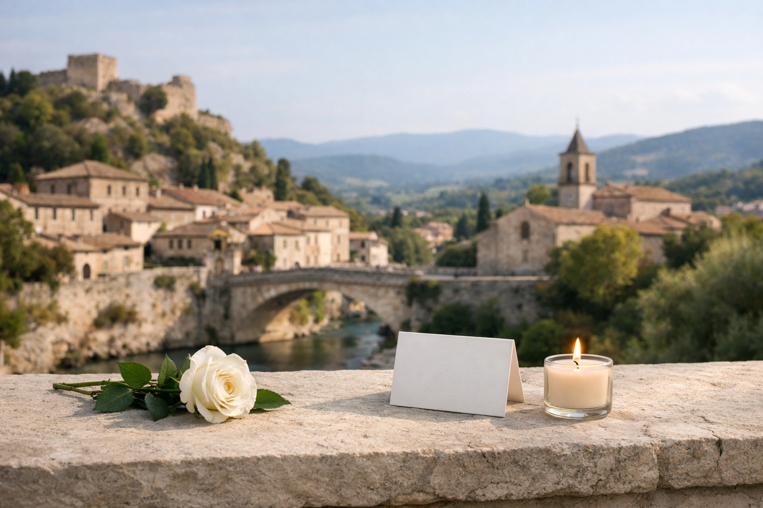Rose blanche, bougie et carte sur pierre, vue paisible de Vaison-la-Romaine en arrière-plan.
