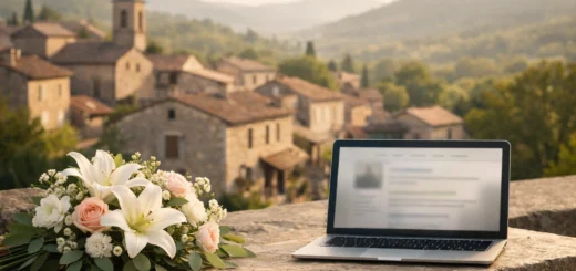 Village de Les Vans au matin, fleurs blanches et ordinateur affichant un avis de décès en ligne calme.