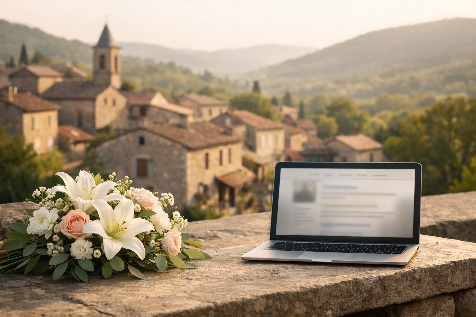 Village de Les Vans au matin, fleurs blanches et ordinateur affichant un avis de décès en ligne calme.