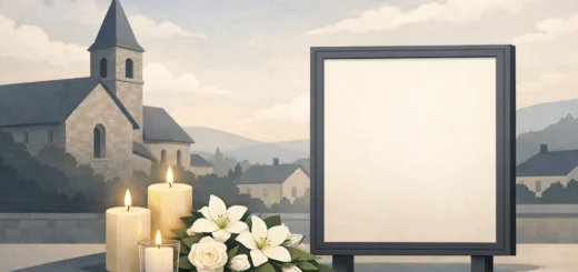 Scène commémorative paisible avec église de village, bougies allumées, fleurs blanches et panneau vide.
