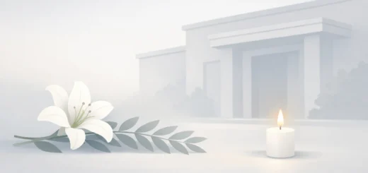 Illustration sobre et apaisante avec lys blanc, bougie allumée et entrée de funérarium stylisée.
