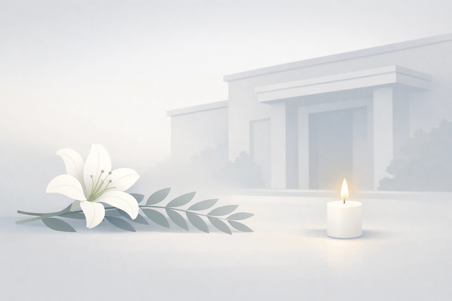 Illustration sobre et apaisante avec lys blanc, bougie allumée et entrée de funérarium stylisée.