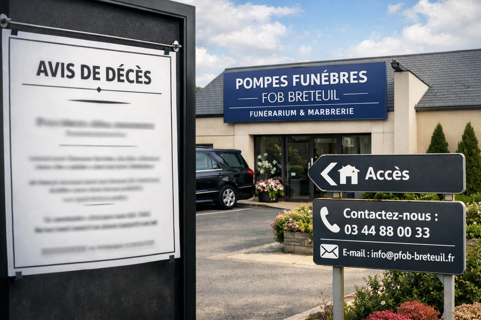 Façade sobre des pompes funèbres Fob à Breteuil, bâtiment discret évoquant recueillement et respect.