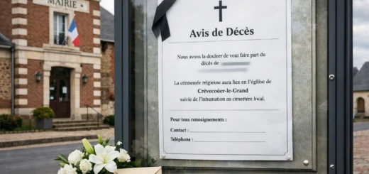 Panneau d’avis de décès à Crèvecœur-le-Grand devant la mairie, avec fleurs et enveloppe.