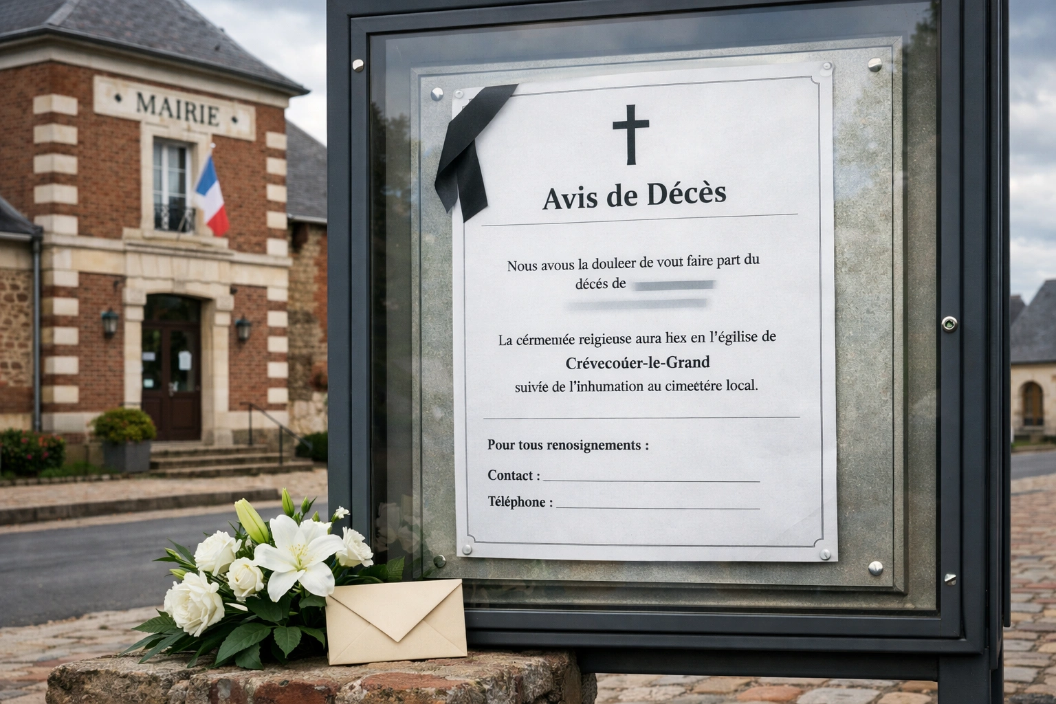 Panneau d’avis de décès à Crèvecœur-le-Grand devant la mairie, avec fleurs et enveloppe.