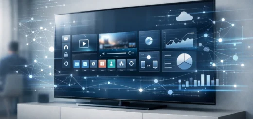 Téléviseur connecté affichant une interface futuriste avec graphiques et réseaux dans un salon moderne.