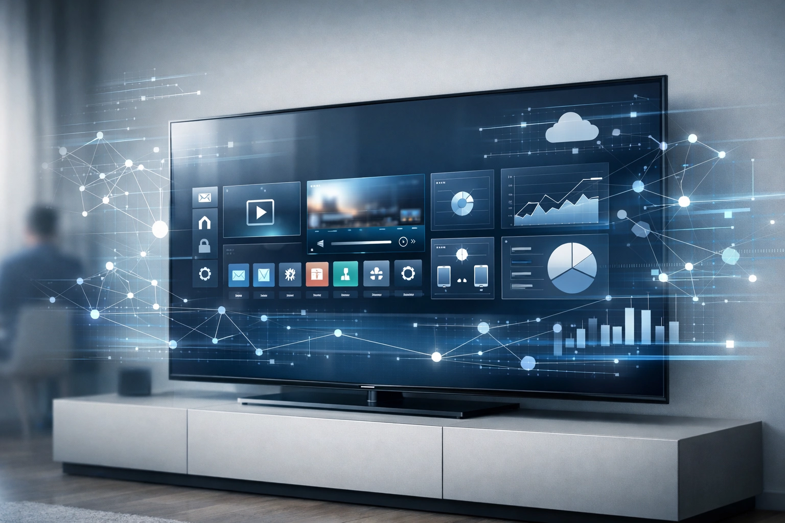 Téléviseur connecté affichant une interface futuriste avec graphiques et réseaux dans un salon moderne.