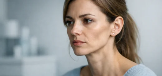 Portrait réaliste d’une jeune femme aux joues creusées, expression sérieuse, fond flou neutre.