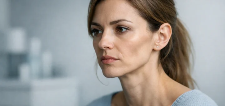 Portrait réaliste d’une jeune femme aux joues creusées, expression sérieuse, fond flou neutre.