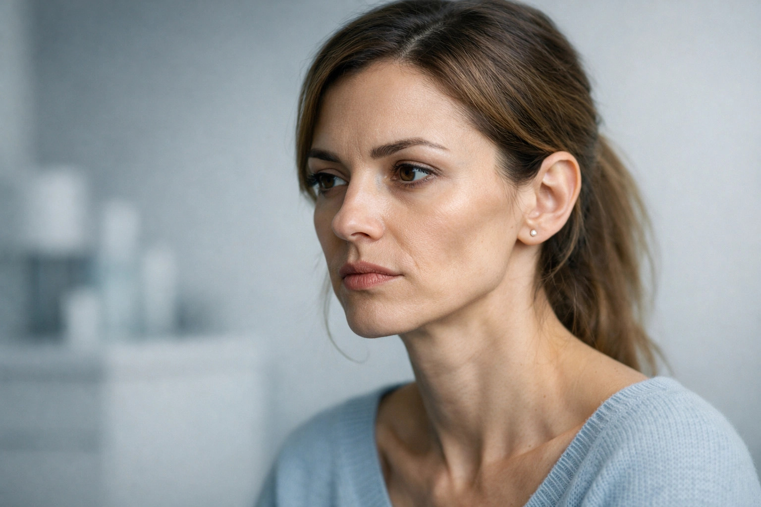 Portrait réaliste d’une jeune femme aux joues creusées, expression sérieuse, fond flou neutre.