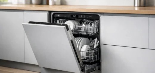 Lave-vaisselle intégrable moderne dans une cuisine européenne minimaliste, porte ouverte montrant vaisselle.