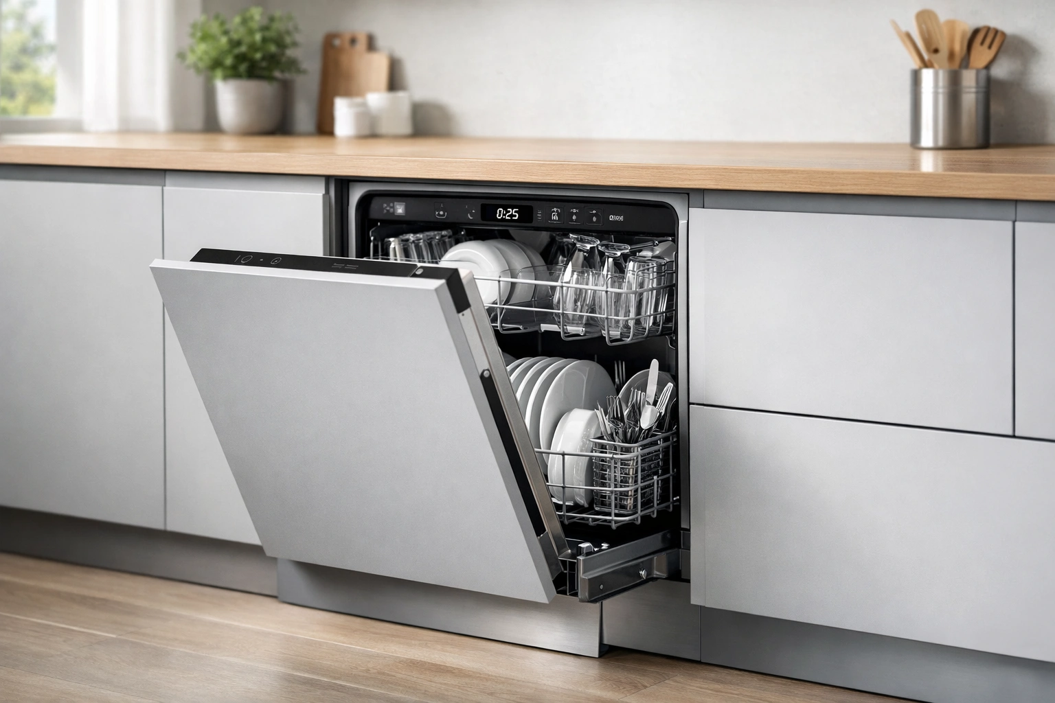 Lave-vaisselle intégrable moderne dans une cuisine européenne minimaliste, porte ouverte montrant vaisselle.