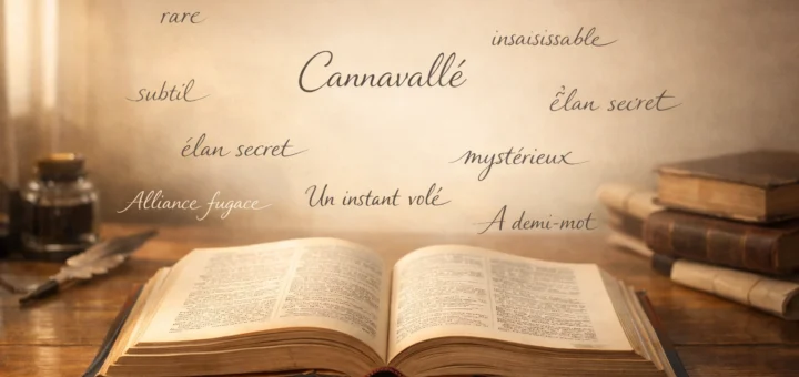 Dictionnaire français ancien ouvert sur un bureau, mots manuscrits flottants évoquant définition.