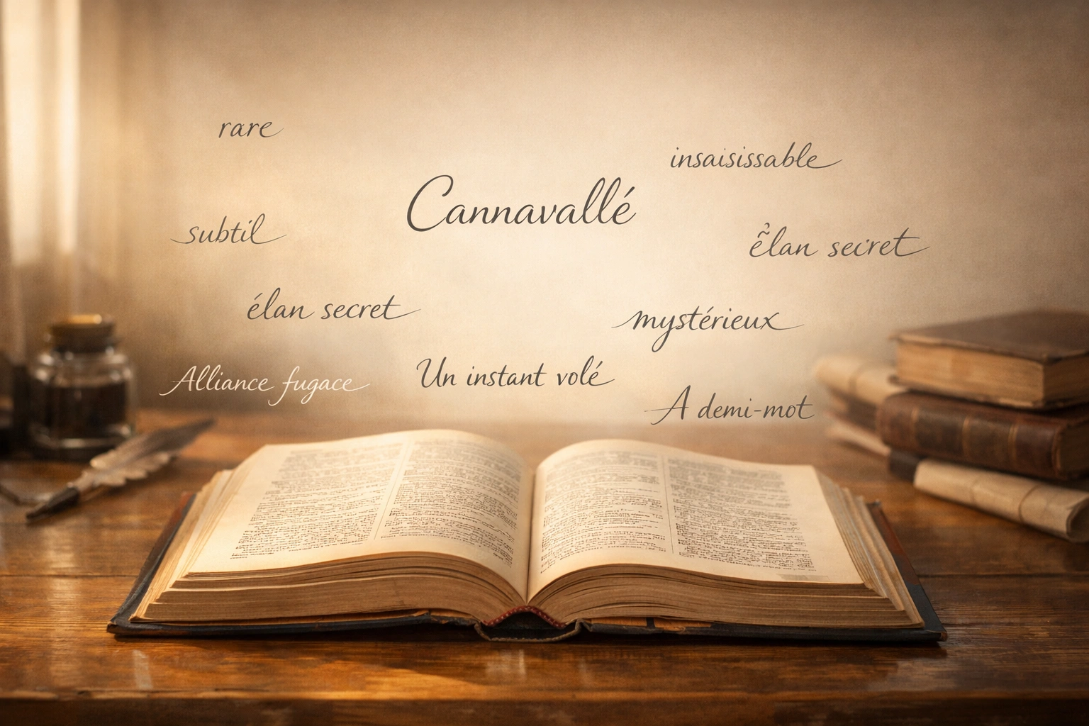 Dictionnaire français ancien ouvert sur un bureau, mots manuscrits flottants évoquant définition.