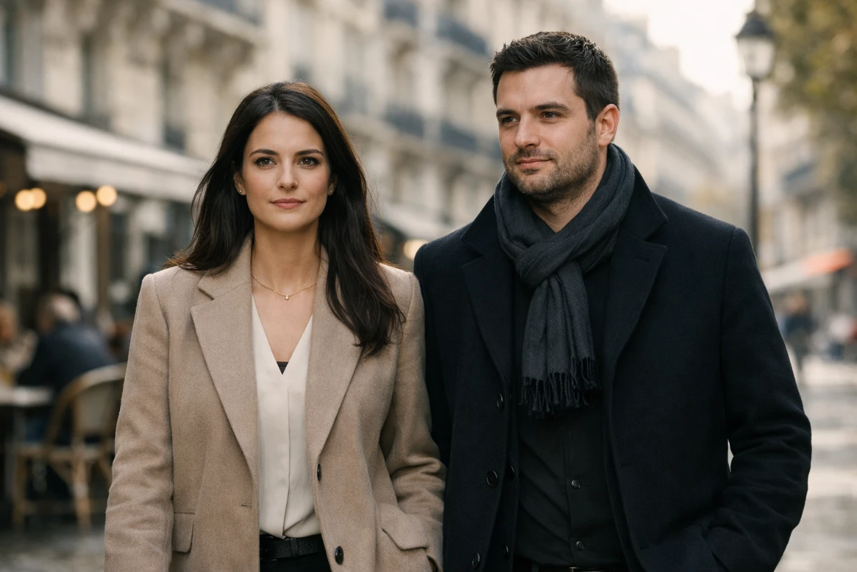 Deux journalistes marchent côte à côte dans une rue parisienne, ambiance élégante et discrète, lumière naturelle.