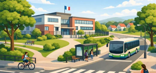 Illustration d’un collège français avec bus scolaire, pistes cyclables et rues calmes bordées d’arbres.
