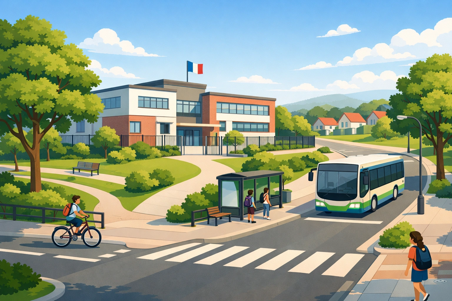 Illustration d’un collège français avec bus scolaire, pistes cyclables et rues calmes bordées d’arbres.