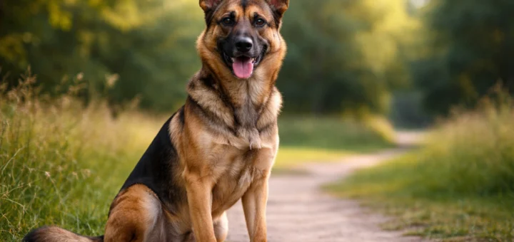 Un Croisé Malinois assis sur un sentier de parc, attentif, avec une laisse noire posée devant lui.