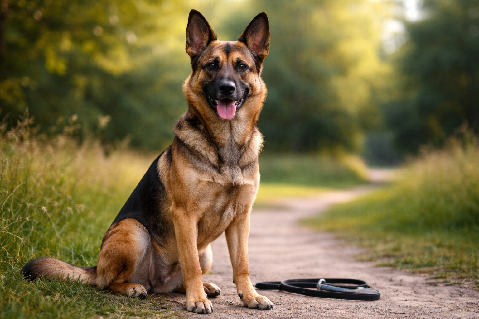 Un Croisé Malinois assis sur un sentier de parc, attentif, avec une laisse noire posée devant lui.