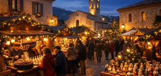 Marché de Noël provençal en Vaucluse, chalets illuminés et visiteurs dans un village historique.