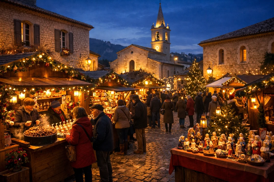 Marché de Noël provençal en Vaucluse, chalets illuminés et visiteurs dans un village historique.