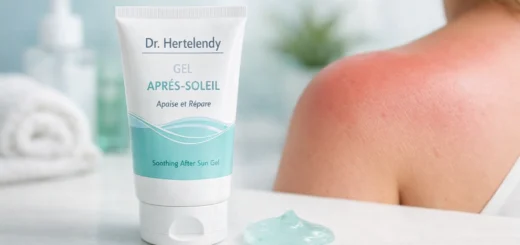 Tube de gel après-soleil posé sur surface claire, texture translucide visible, ambiance médicale apaisante.