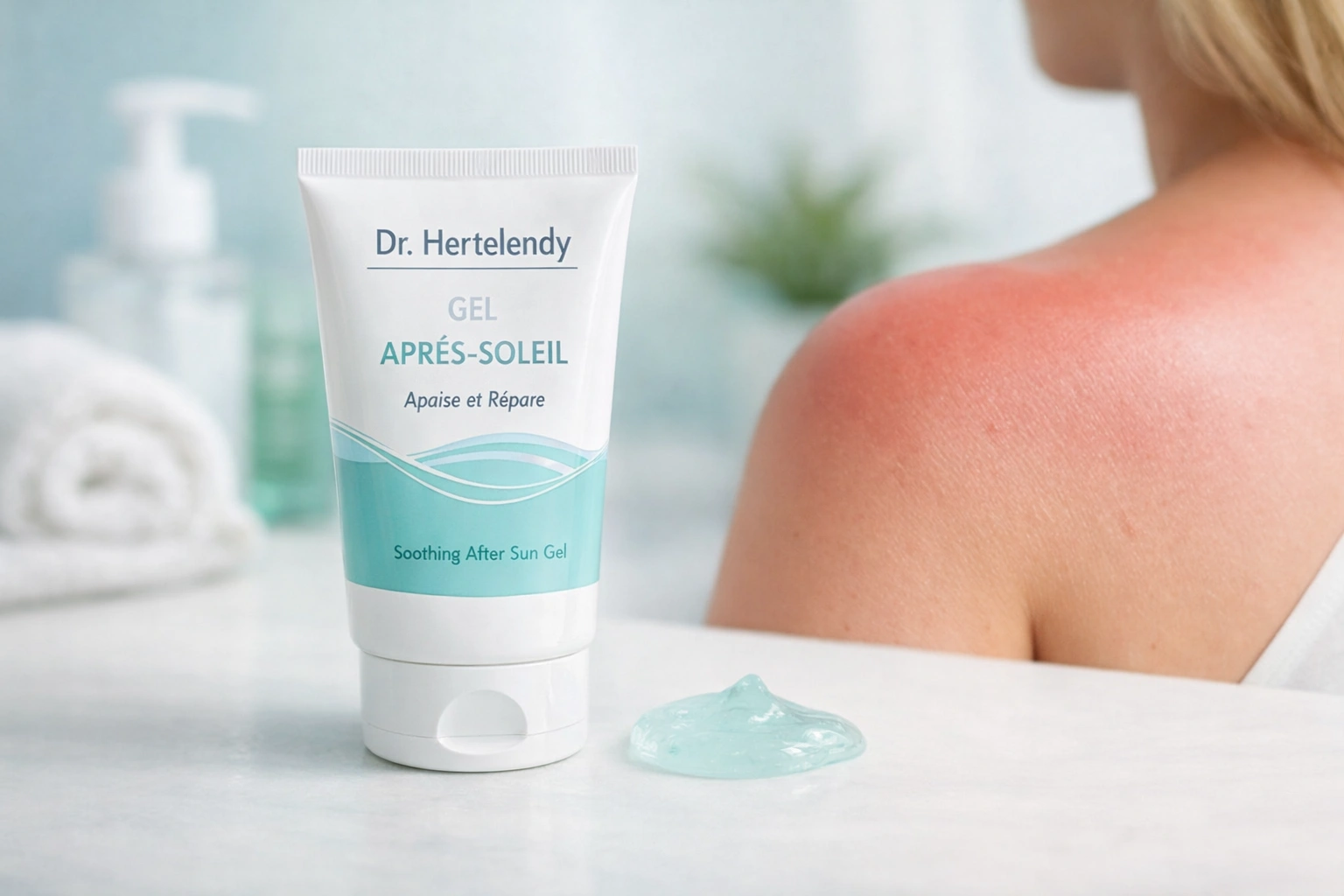 Tube de gel après-soleil posé sur surface claire, texture translucide visible, ambiance médicale apaisante.