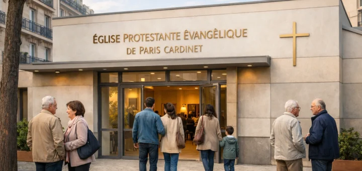 Façade moderne de l’Église Protestante Évangélique de Paris Cardinet avec des fidèles entrant et discutant.