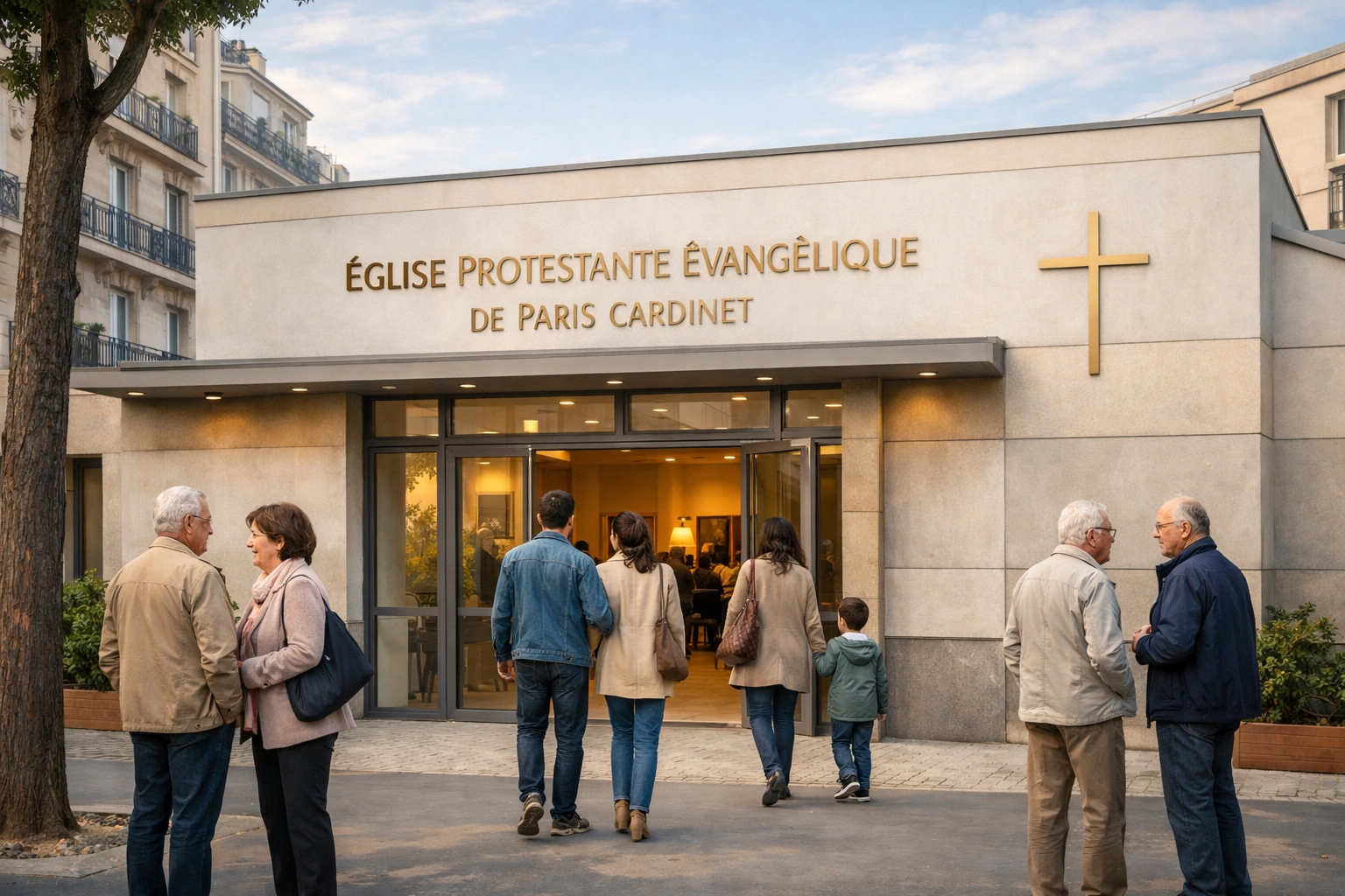 Façade moderne de l’Église Protestante Évangélique de Paris Cardinet avec des fidèles entrant et discutant.
