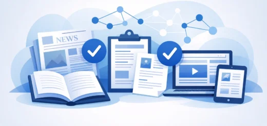 Illustration vectorielle montrant livres, documents et écrans symbolisant une actualité fiable.