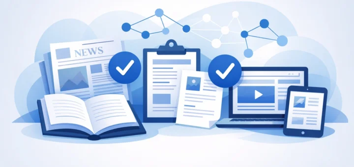 Illustration vectorielle montrant livres, documents et écrans symbolisant une actualité fiable.