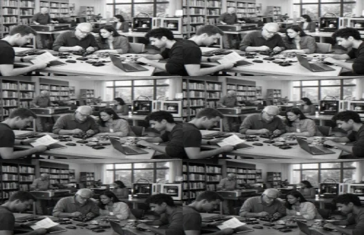 Espace fablab d’une bibliothèque municipale, avec imprimantes 3D et habitants collaborant sur des projets créatifs.