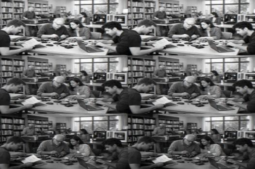 Espace fablab d’une bibliothèque municipale, avec imprimantes 3D et habitants collaborant sur des projets créatifs.