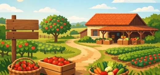 Illustration d’une ferme française avec magasin rural, paniers de fruits et légumes, champs et arbres fruitiers.