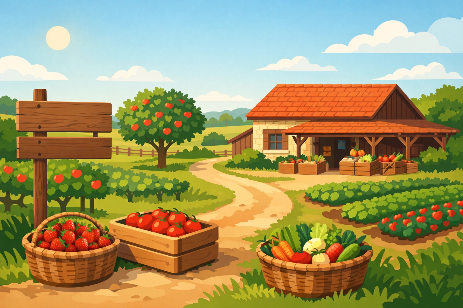 Illustration d’une ferme française avec magasin rural, paniers de fruits et légumes, champs et arbres fruitiers.