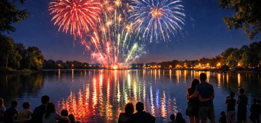Feu d’artifice nocturne au lac des Bretonnières, reflets colorés sur l’eau, public réuni sur la berge.