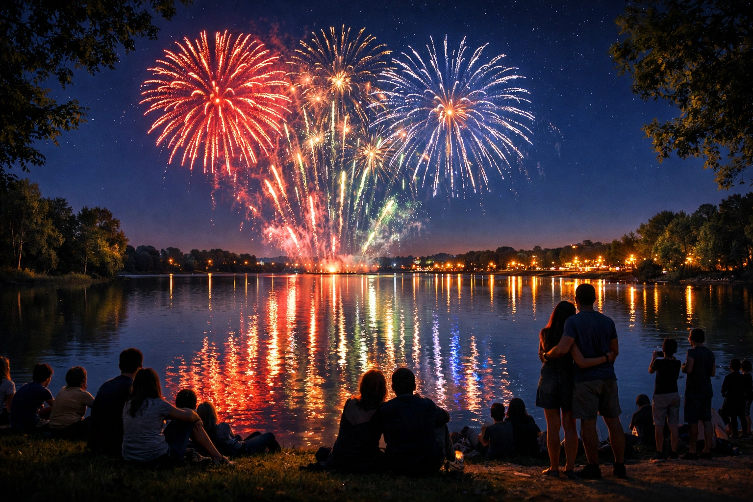 Feu d’artifice nocturne au lac des Bretonnières, reflets colorés sur l’eau, public réuni sur la berge.