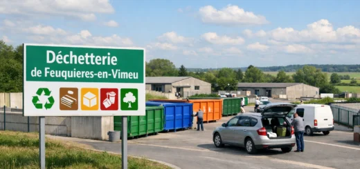 Déchetterie de Feuquières-en-Vimeu avec bennes de tri, usagers, voitures et paysage rural sous ciel clair.