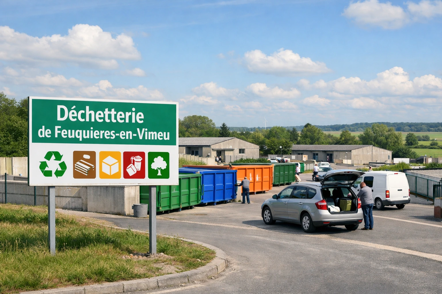 Déchetterie de Feuquières-en-Vimeu avec bennes de tri, usagers, voitures et paysage rural sous ciel clair.