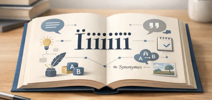 Livre ouvert sur un bureau avec le mot « Ïïïïïîî » et des icônes illustrant sa définition.