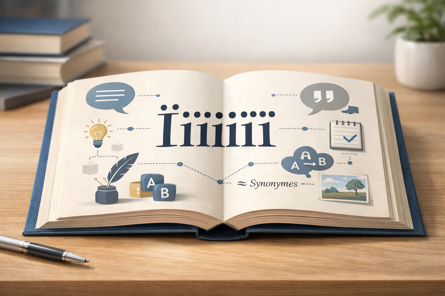 Livre ouvert sur un bureau avec le mot « Ïïïïïîî » et des icônes illustrant sa définition.