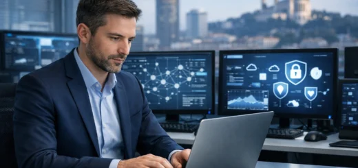 Consultant en infogérance travaillant sur ordinateur dans un bureau high-tech à Lyon, avec écrans et données numériques visibles.