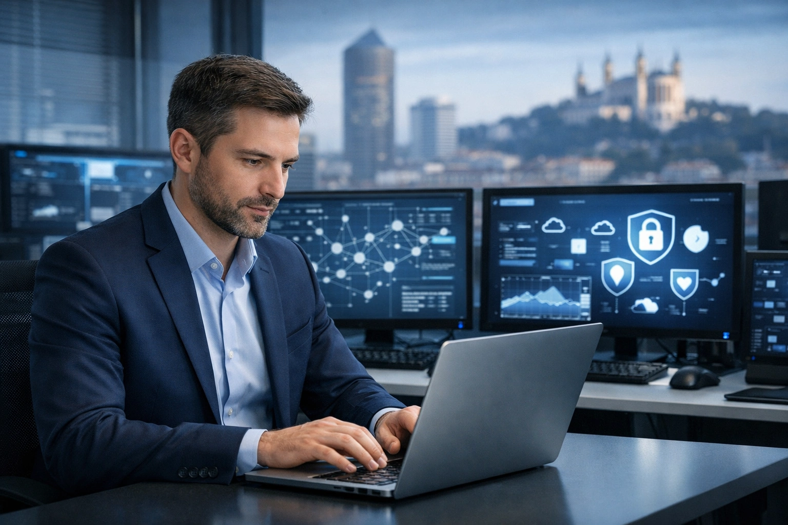 Consultant en infogérance travaillant sur ordinateur dans un bureau high-tech à Lyon, avec écrans et données numériques visibles.